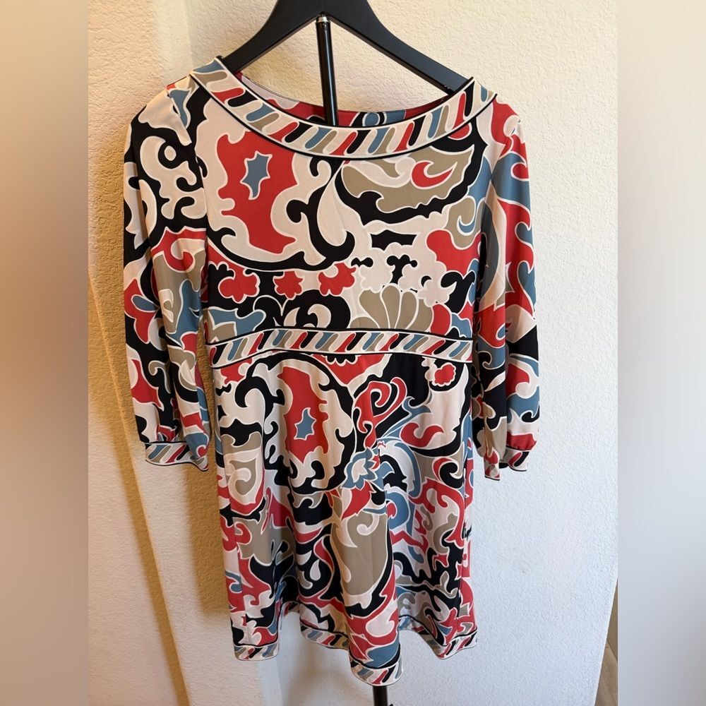 BCBGMaxAzria Red, Black, Blue & Cream Abstract Print Tunic Size S